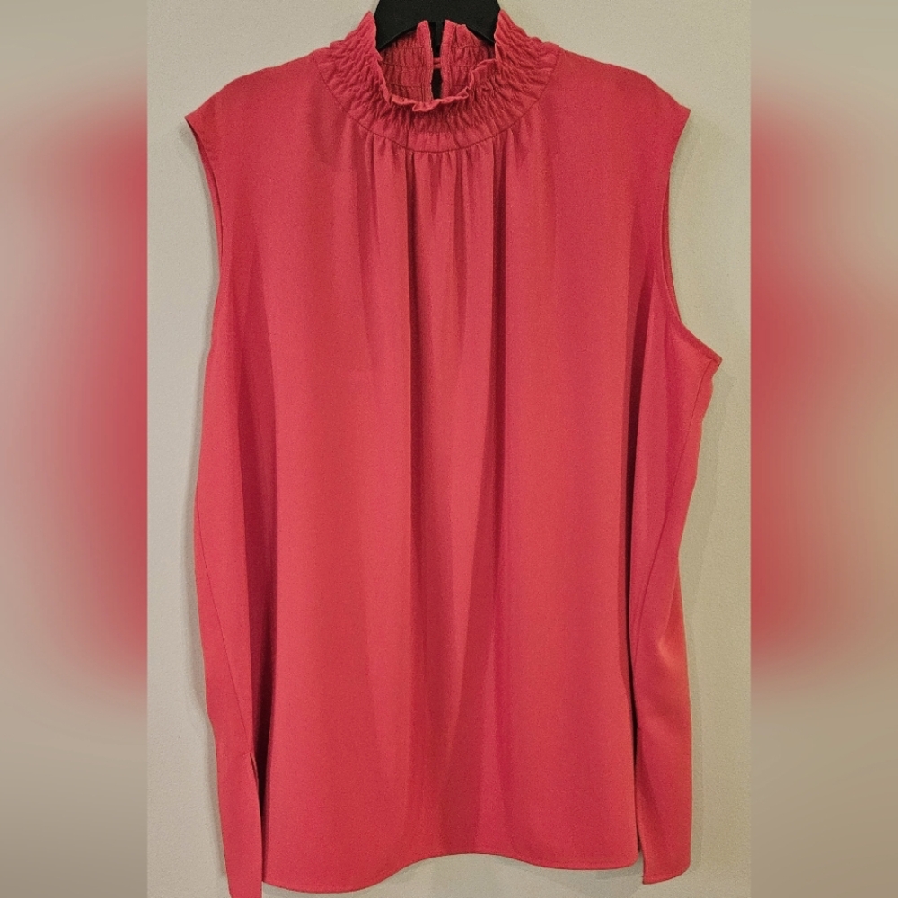 NWT Ming Wang Smocked Neckline Sleeveless Crepe De Chine Blouse: Coral: Size- XL